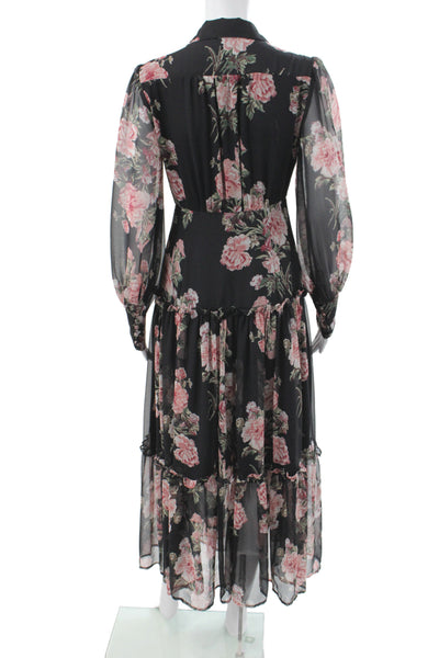 Bardot Womens Maxi Floral Collared Button Dress Black Long Sleeve Size 4
