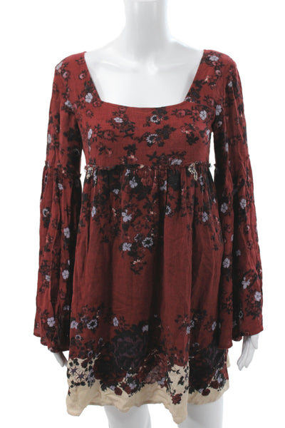 Free People Womens Boho Floral Square Neck Long Sleeve Mini Dress Red Size XS