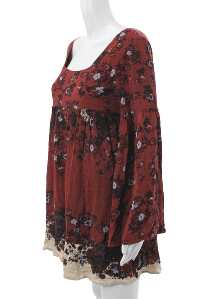 Free People Womens Boho Floral Square Neck Long Sleeve Mini Dress Red Size XS