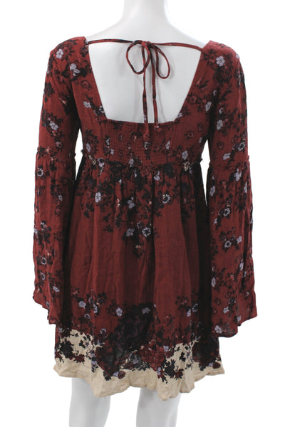 Free People Womens Boho Floral Square Neck Long Sleeve Mini Dress Red Size XS