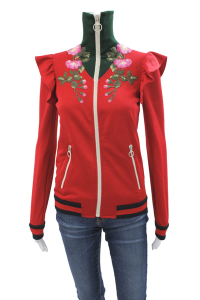 Gucci Womens Bomber Jacket Red Floral Zip Long Sleeve Polyester Size XS
