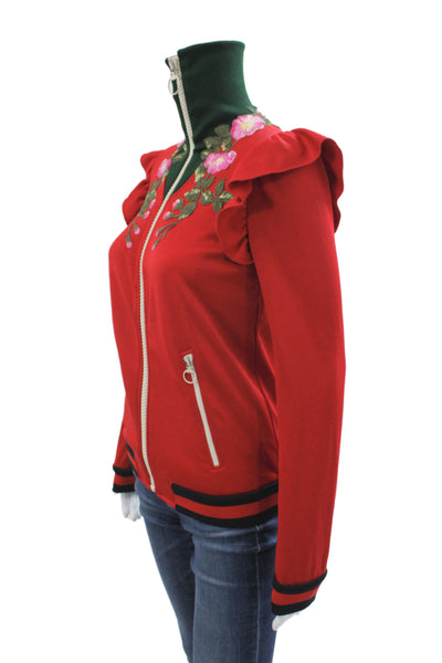 Gucci Womens Bomber Jacket Red Floral Zip Long Sleeve Polyester Size XS