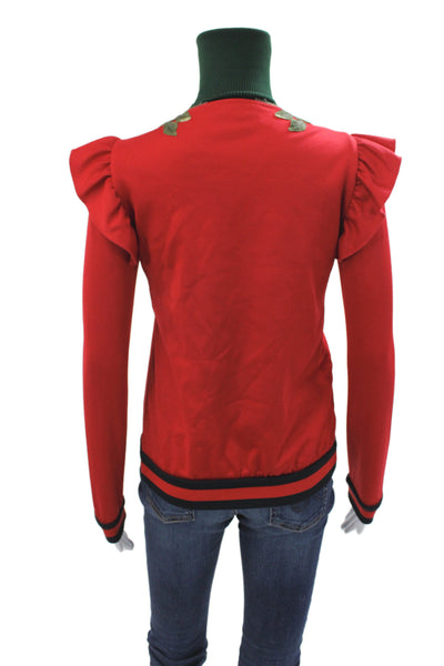 Gucci Womens Bomber Jacket Red Floral Zip Long Sleeve Polyester Size XS