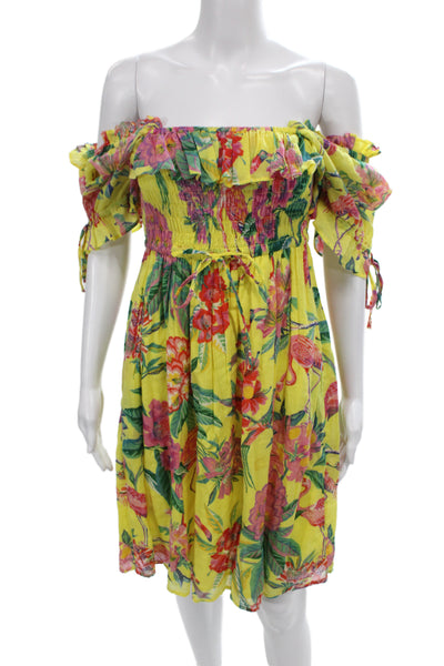 Banjanan Women Sundress Off Shoulder Floral Yellow Cotton Short Sleeve Size XS