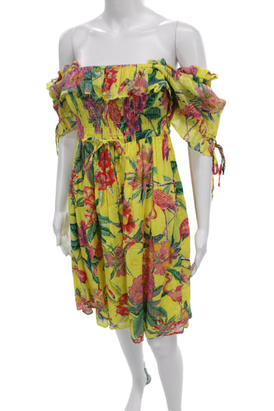 Banjanan Women Sundress Off Shoulder Floral Yellow Cotton Short Sleeve Size XS