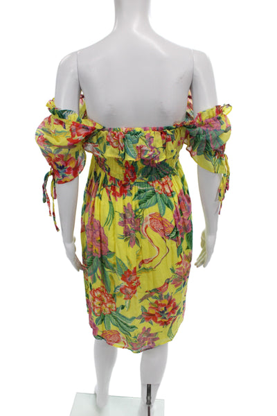 Banjanan Women Sundress Off Shoulder Floral Yellow Cotton Short Sleeve Size XS