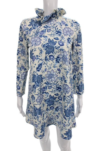 Tuckernuck Women Shift Floral Blue Short High Neck Longsleeve Tie Dress Size XS