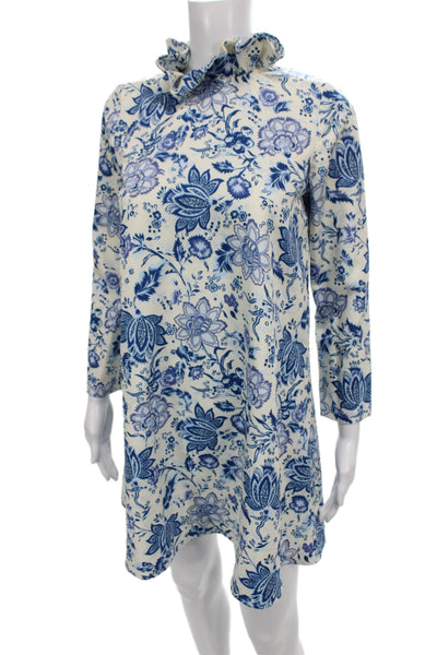 Tuckernuck Women Shift Floral Blue Short High Neck Longsleeve Tie Dress Size XS