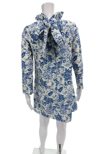 Tuckernuck Women Shift Floral Blue Short High Neck Longsleeve Tie Dress Size XS
