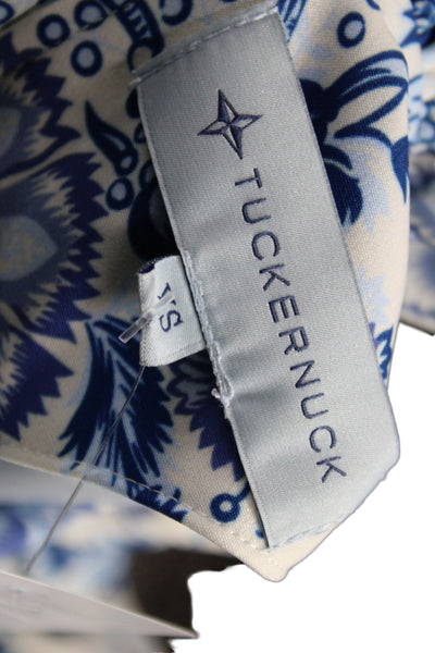 Tuckernuck Women Shift Floral Blue Short High Neck Longsleeve Tie Dress Size XS