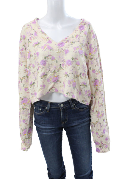 Love Shack Fancy Women Ivory Floral V Neck Pullover Sweater Long Sleeve Size L
