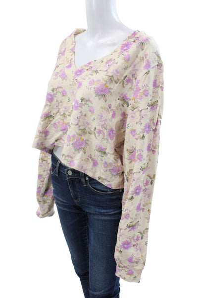 Love Shack Fancy Women Ivory Floral V Neck Pullover Sweater Long Sleeve Size L