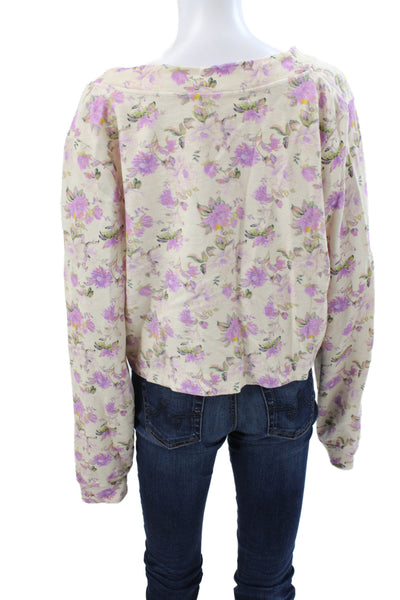 Love Shack Fancy Women Ivory Floral V Neck Pullover Sweater Long Sleeve Size L