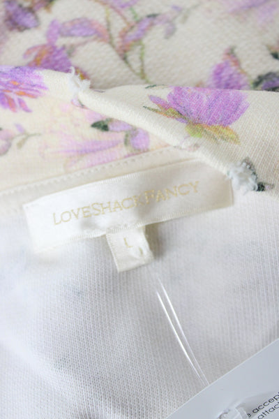 Love Shack Fancy Women Ivory Floral V Neck Pullover Sweater Long Sleeve Size L
