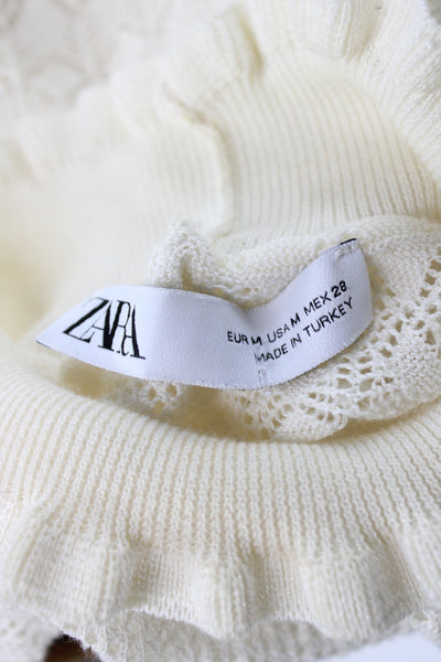 Zara Womens Pullover Sweater Ivory Mock Neck Geometric Boho Long Sleeve Size M
