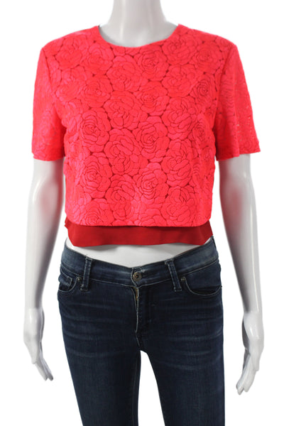 A.L.C. Womens Cropped Floral Red Blouse Short Sleeve Round Neck Size 6