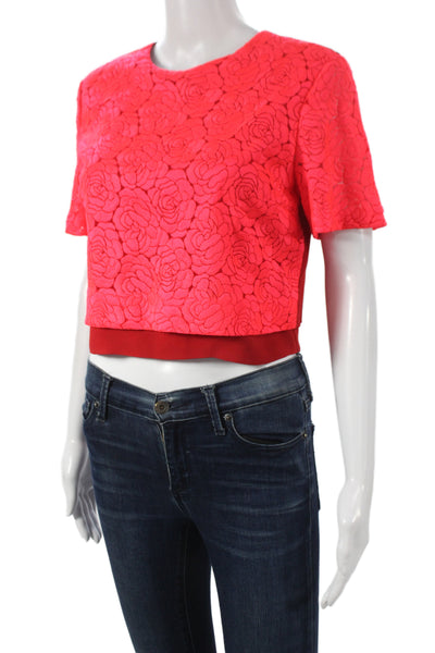 A.L.C. Womens Cropped Floral Red Blouse Short Sleeve Round Neck Size 6