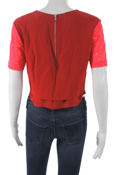 A.L.C. Womens Cropped Floral Red Blouse Short Sleeve Round Neck Size 6