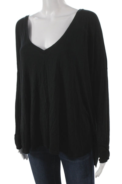 Feel The Piece Womens Basic V-Neck Long Sleeve Black T-Shirt Size One Size