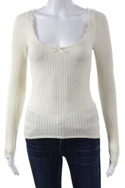 Zara Womens Basic Striped Ribbed Scoop Neck Long Sleeve Blouse Ivory Size M