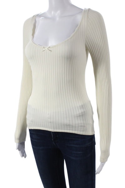Zara Womens Basic Striped Ribbed Scoop Neck Long Sleeve Blouse Ivory Size M