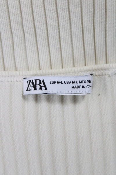 Zara Womens Basic Striped Ribbed Scoop Neck Long Sleeve Blouse Ivory Size M