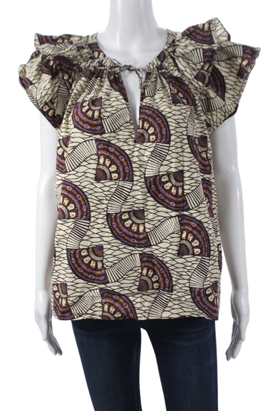 Ulla Johnson Women Tunic Blouse Beige V-Neck Short Sleeve Geometric Size 8