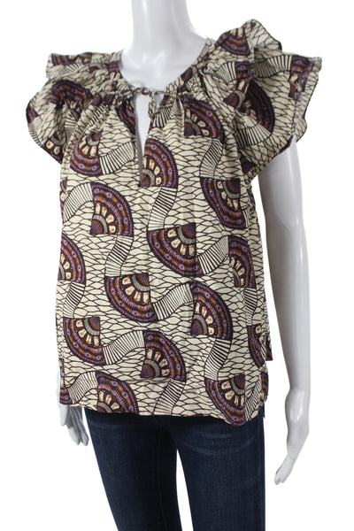Ulla Johnson Women Tunic Blouse Beige V-Neck Short Sleeve Geometric Size 8