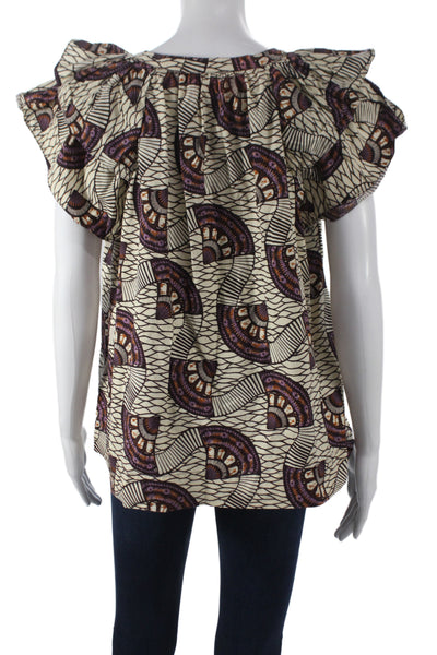 Ulla Johnson Women Tunic Blouse Beige V-Neck Short Sleeve Geometric Size 8