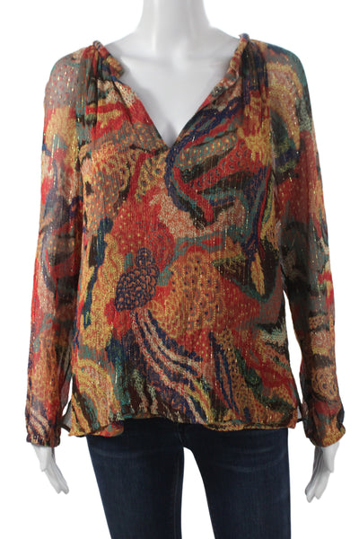A.L.C. Womens Tunic Blouse Silk Paisley V-Neck Long Sleeve Multicolor Size 4