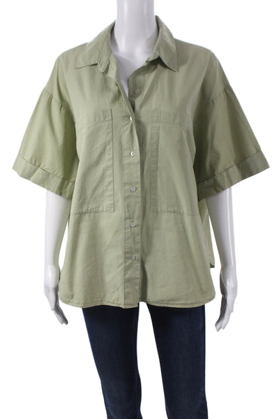 Zara Women Basic Green Collared Short Sleeve Button-Up Top Size S