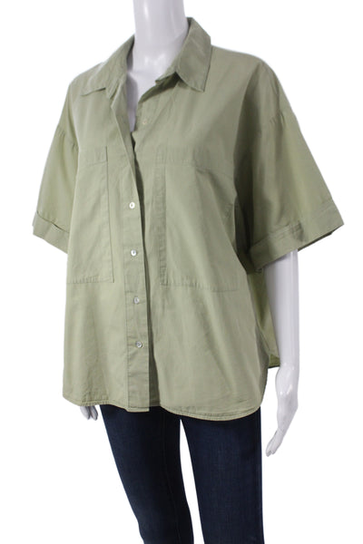 Zara Women Basic Green Collared Short Sleeve Button-Up Top Size S