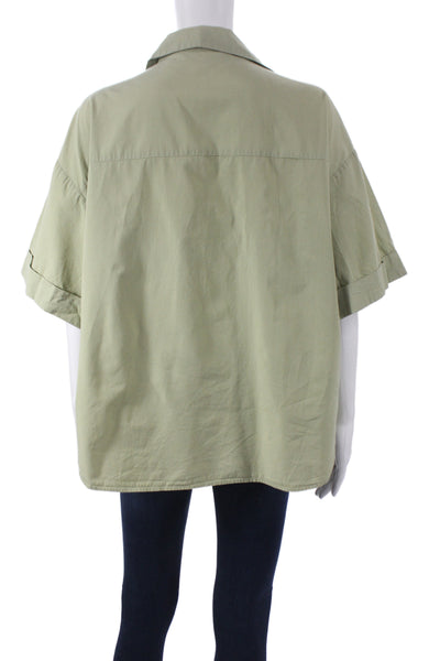 Zara Women Basic Green Collared Short Sleeve Button-Up Top Size S