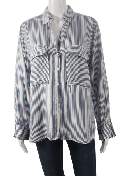 Zara Woman Women Basic Blue Striped Collared Long Sleeve Button-Up Size M