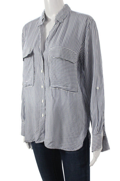 Zara Woman Women Basic Blue Striped Collared Long Sleeve Button-Up Size M