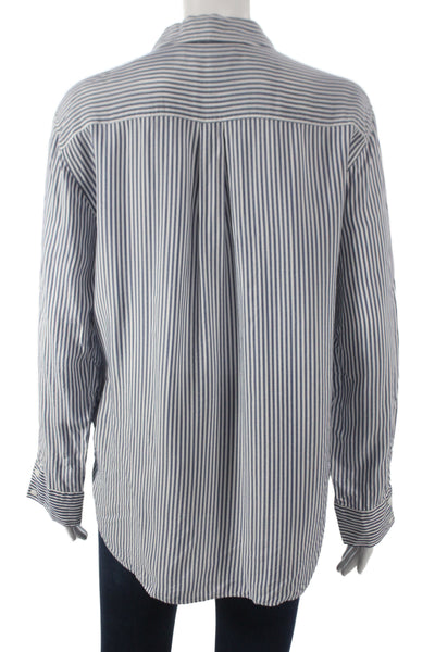 Zara Woman Women Basic Blue Striped Collared Long Sleeve Button-Up Size M