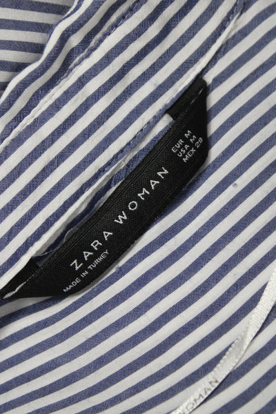 Zara Woman Women Basic Blue Striped Collared Long Sleeve Button-Up Size M