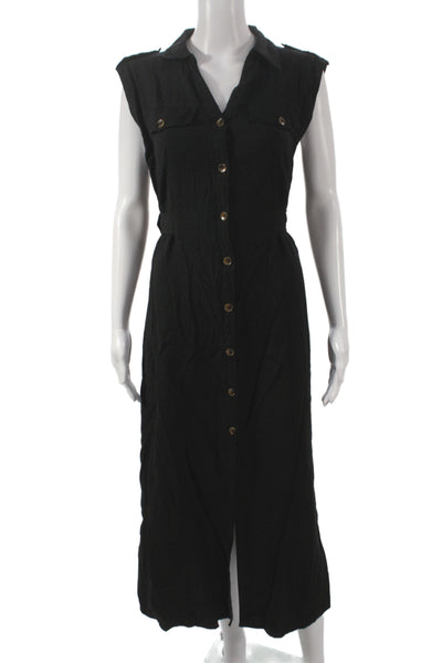 Zara Women Shirt Dress Black Sleeveless Collared Cotton Full Length Size M