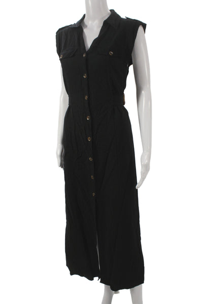 Zara Women Shirt Dress Black Sleeveless Collared Cotton Full Length Size M