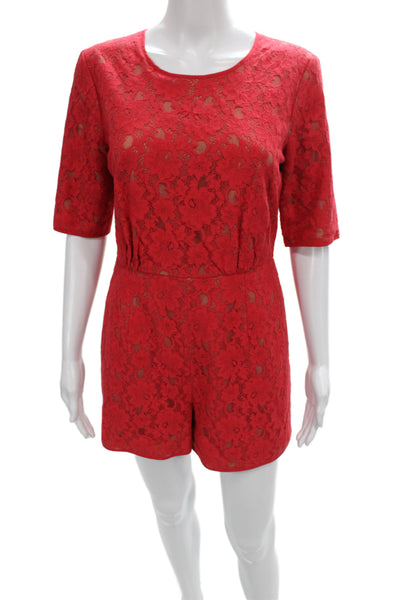 BCBGMAXAZRIA Women Romper Red Floral Lace Button Cotton Size XS