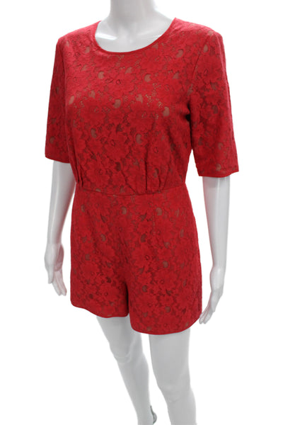 BCBGMAXAZRIA Women Romper Red Floral Lace Button Cotton Size XS