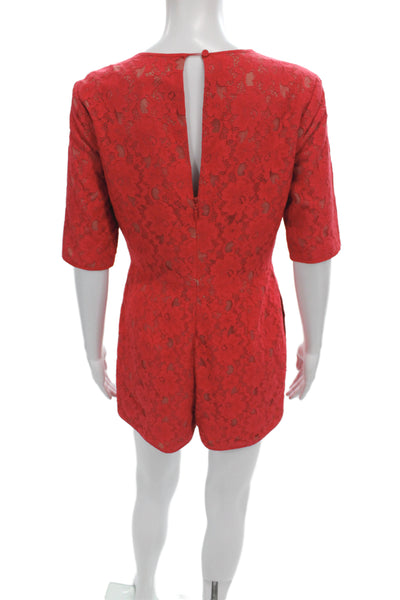 BCBGMAXAZRIA Women Romper Red Floral Lace Button Cotton Size XS