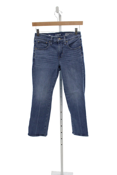 J Crew Womens Cropped Mid Rise Blue Cotton Jeans Button Size 24