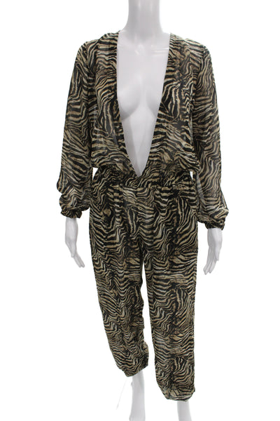 Laquan Smith Women Beige Animal Print Sheer V Neck Long Sleeve Jumpsuit Size XS