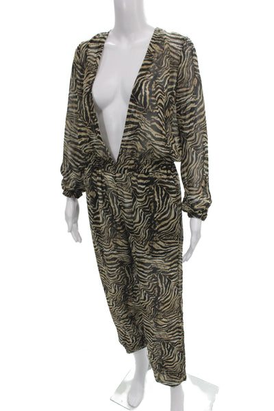 Laquan Smith Women Beige Animal Print Sheer V Neck Long Sleeve Jumpsuit Size XS