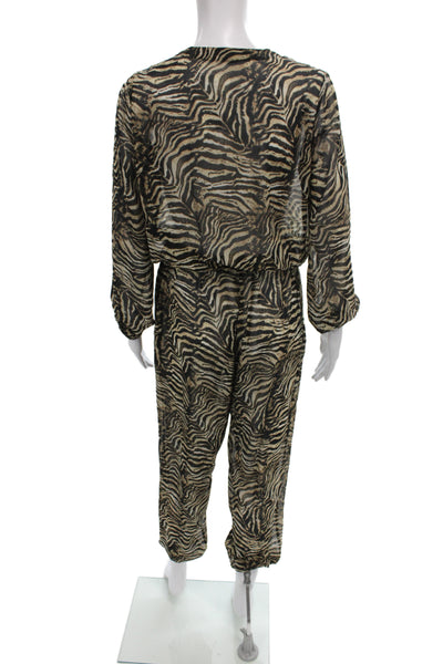 Laquan Smith Women Beige Animal Print Sheer V Neck Long Sleeve Jumpsuit Size XS