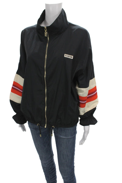 PE Nation Womens Black Striped Windbreaker Zip Recycled Polyester Fall Size M