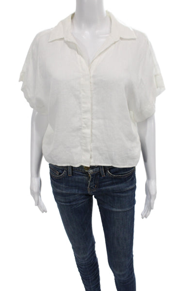 Touche Women Basic Collared Linen Short Sleeve Button Blouse White Size XS