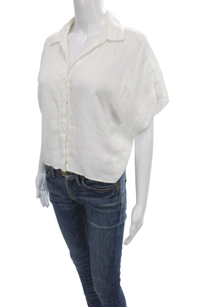 Touche Women Basic Collared Linen Short Sleeve Button Blouse White Size XS