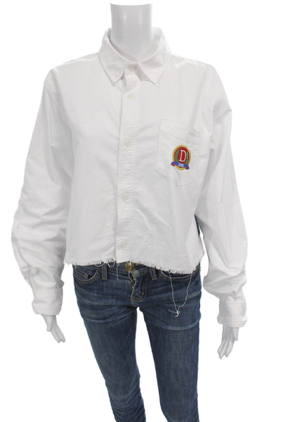 Danzy Womens Cropped Button-Up White Collared Long Sleeve Cotton Preppy Size M